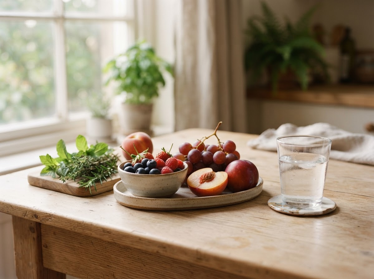 Glas water en RenewVita capsule op een ontbijttafel