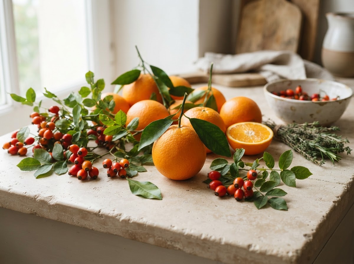 Citrusvruchten, bessen en groene groenten voor vitaminebron